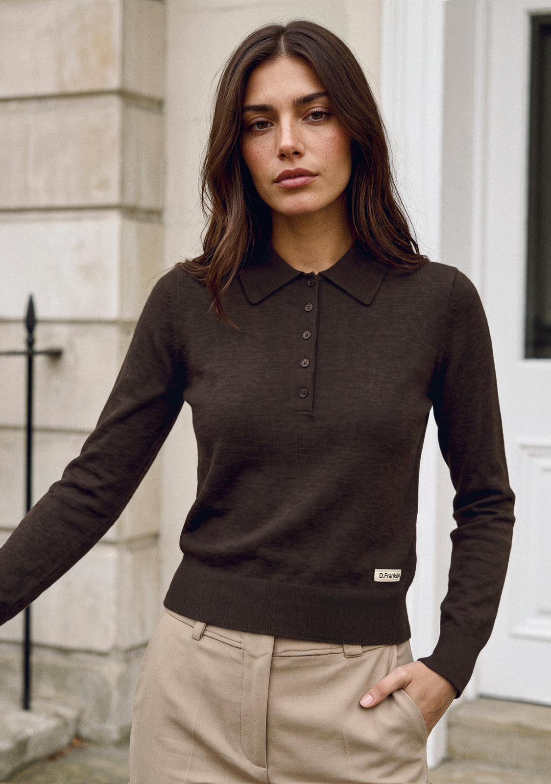 Brown Melange Fine Knit Polo Sweater
